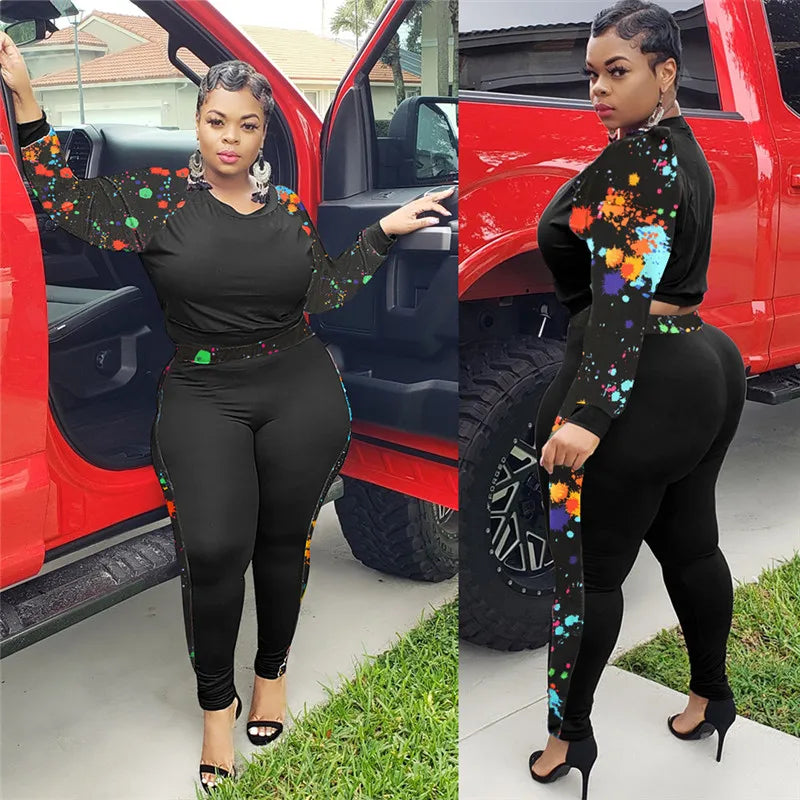 Plus Size L-4xl Women 2 Piece Set  Tie Dye Patchwork Strech Activewear Jogger Outfit Biker Matching Set Wholesale Dropshpping