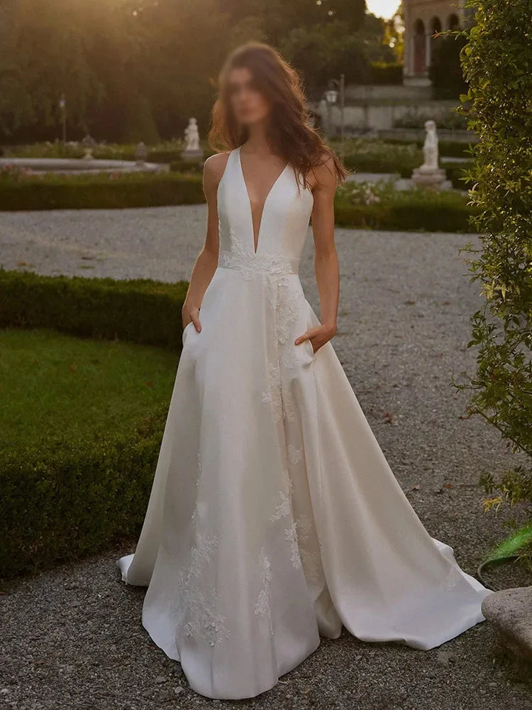 DREAM Customized Elegant A-Line Wedding Dresses Satin Floor-Length Sweep Train Long Brides Dress Women Vestidos De Novias 2025 - My Store