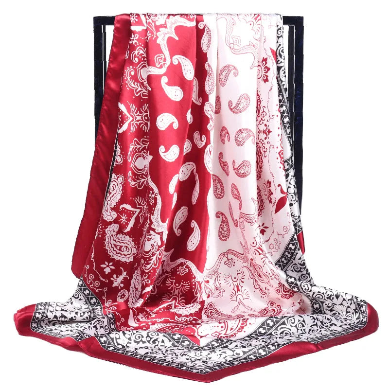 90cm Fashion Silk Satin Scarf for Women Headband Floral Print Kerchief Hijab Scarves Fermale Square Shawls and Wraps Neck Scarfs