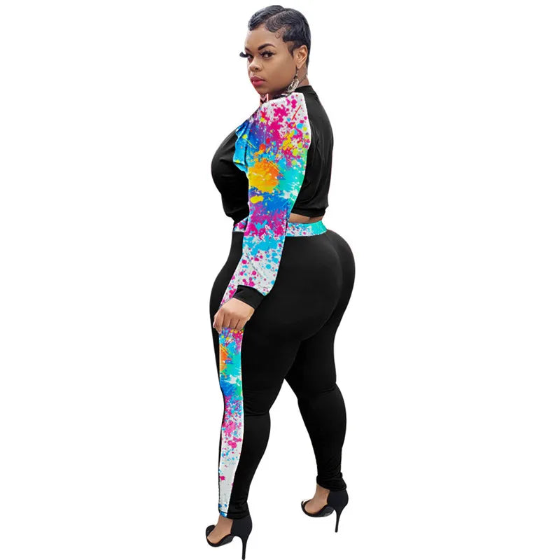 Plus Size L-4xl Women 2 Piece Set  Tie Dye Patchwork Strech Activewear Jogger Outfit Biker Matching Set Wholesale Dropshpping