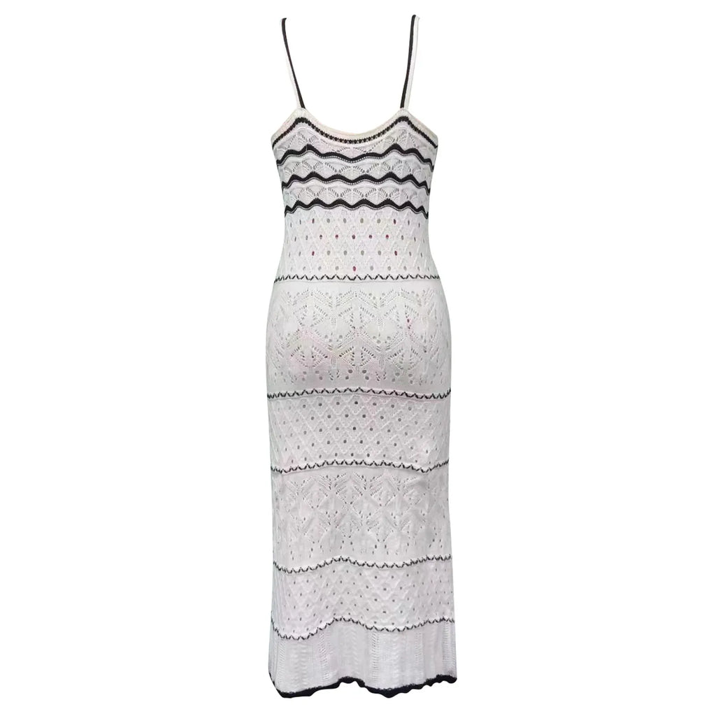 Women'S Spaghetti Strap Dress Crochet Eyelet Sleeveless Striped Midi Dress Summer Beach Knit Long Dresses Women'S Dresses