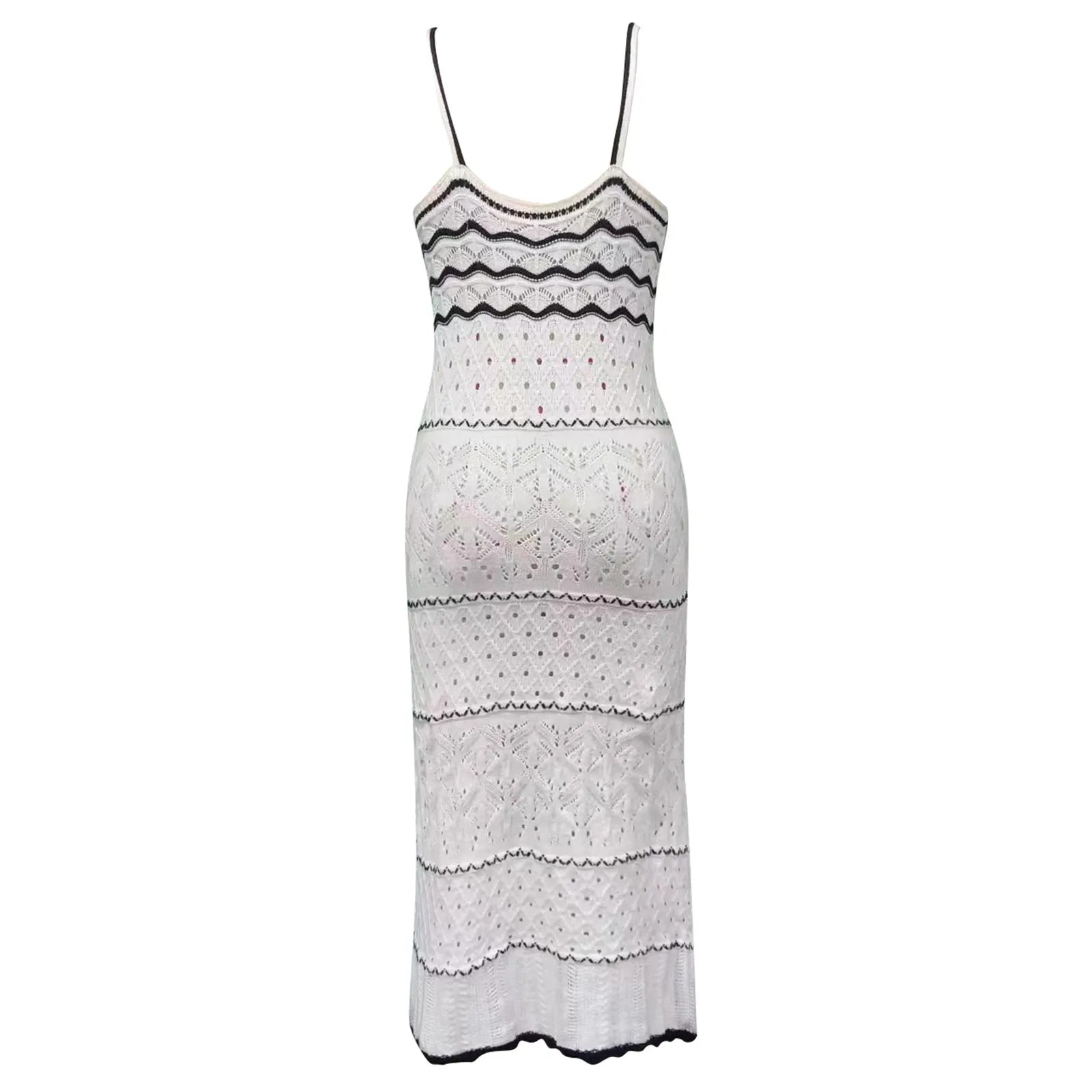 Women'S Spaghetti Strap Dress Crochet Eyelet Sleeveless Striped Midi Dress Summer Beach Knit Long Dresses Women'S Dresses