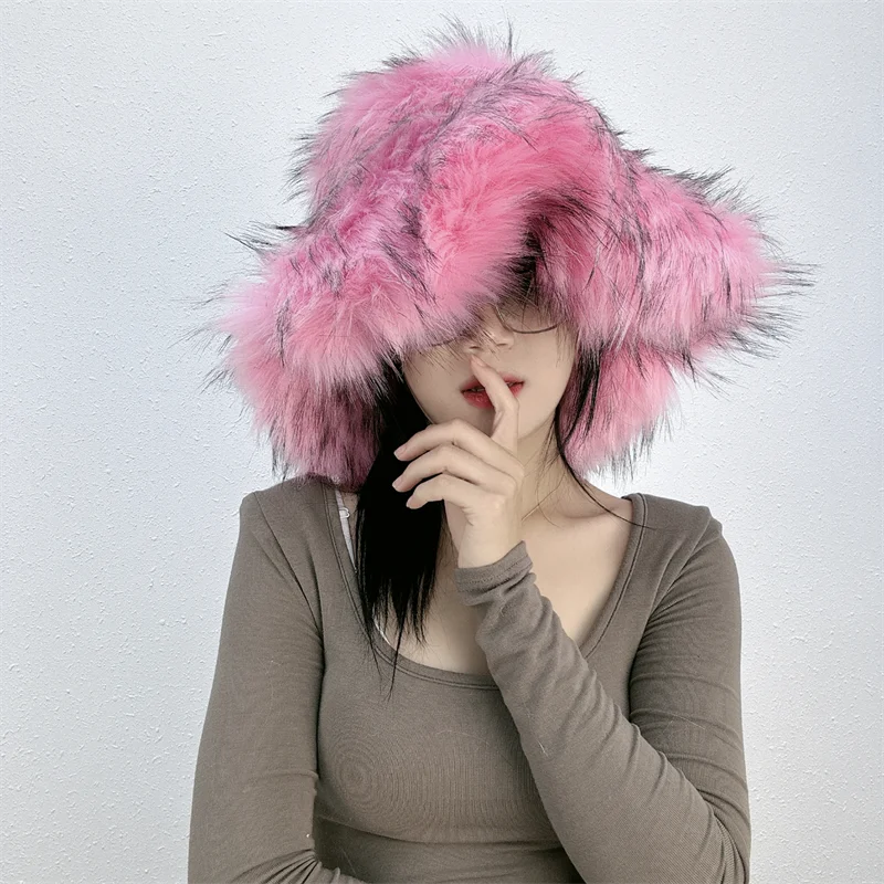 Winter Warm Plush Bucket Hat Women Oversize Earflaps Fluffy Faux Fur Hats Fashion Furry Raccoon Fur Cotton Hat Solid Color Hats