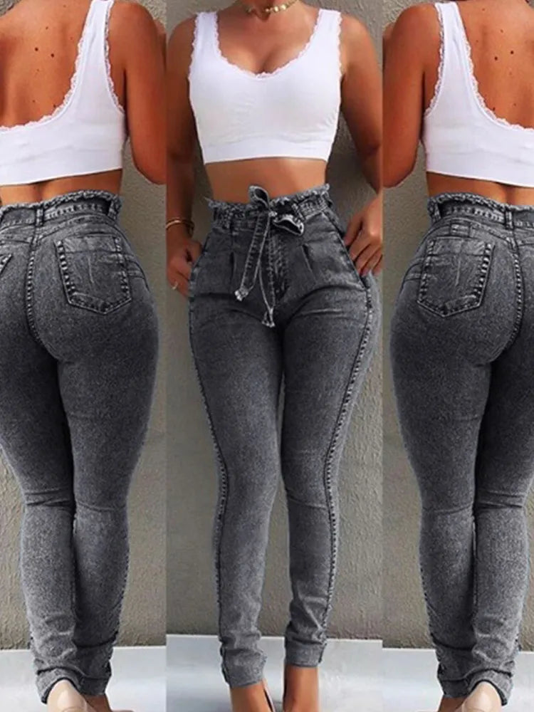 High Waist Jeans for Women Slim Stretch Denim Jean Bodycon Tassel Belt Bandage Skinny Push Up Jeans Woman Clothe 4XL 5XL