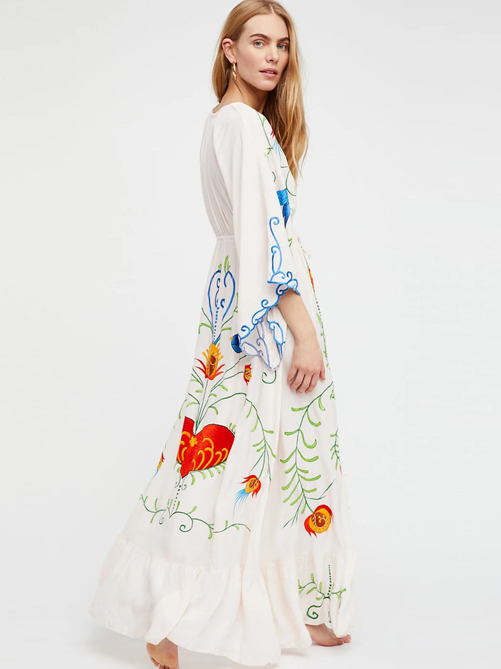 Jastie 2025 Spring Autumn Women Dress Loose Casual Kimono Dresses Floral Embroidered Maxi Dress Boho Ruffle Hem Beach Dresses