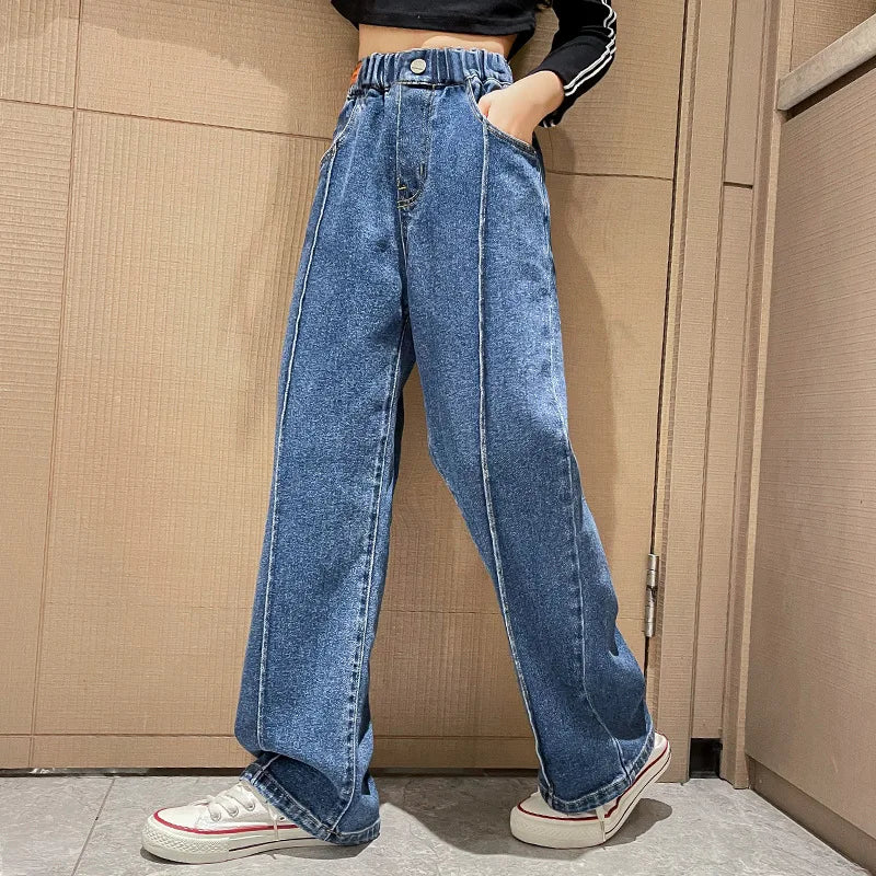 Jeans for Girls Kids Fashion Blue Wide Leg Pants 2025 Spring Autumn Children Korean Trousers Children's Clothing 6 8 10 12 14Yrs