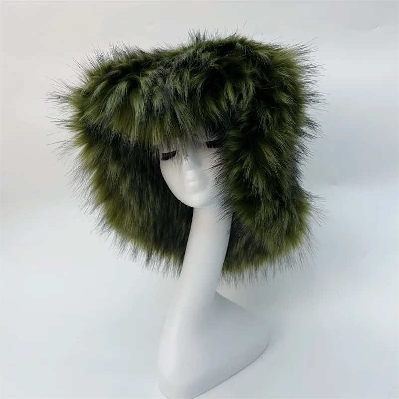 Winter Warm Plush Bucket Hat Women Oversize Earflaps Fluffy Faux Fur Hats Fashion Furry Raccoon Fur Cotton Hat Solid Color Hats