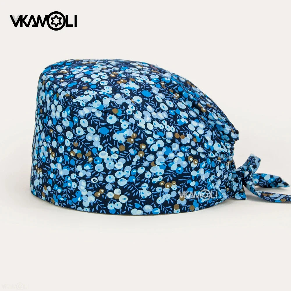 Flower Printing Scrub Caps Dental Print Scrubs Hat 100% Cotton Women Men Dust Proof Vet Dentist  Working Hats Tie Back Cap
