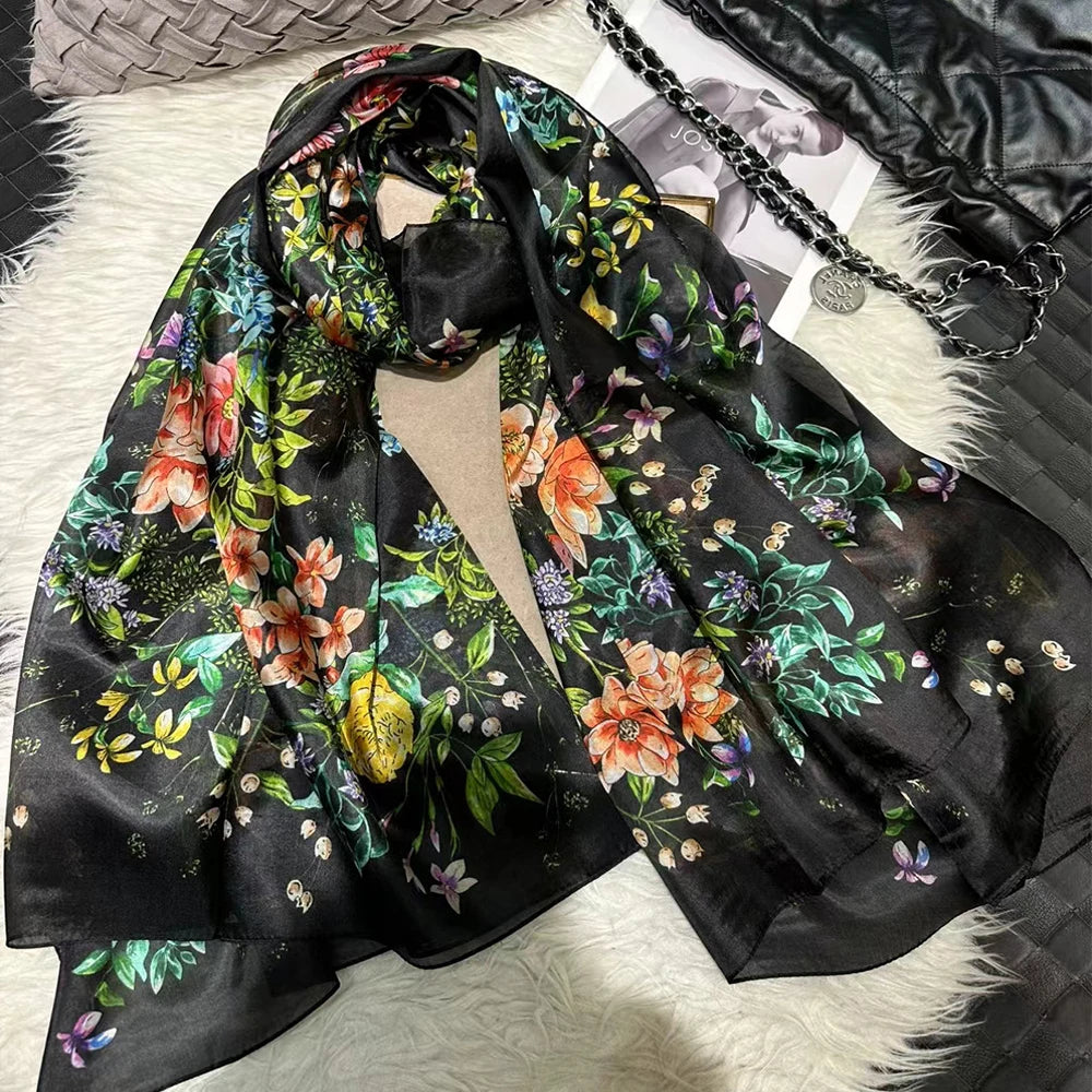 White100% Silk Scarf Women Scarves Bufandas Summer Beach Shawls Foulard Fall Winter Brand Flower Design Long Neck Scarves Hijabs