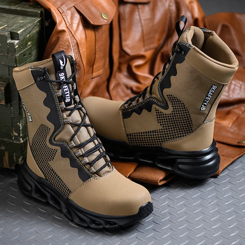 Construction Work Boots Men High Top Steel Toe Safety Shoes Non Slip Puncture Proof Rubber Work Boots Indestructible Combat Boot