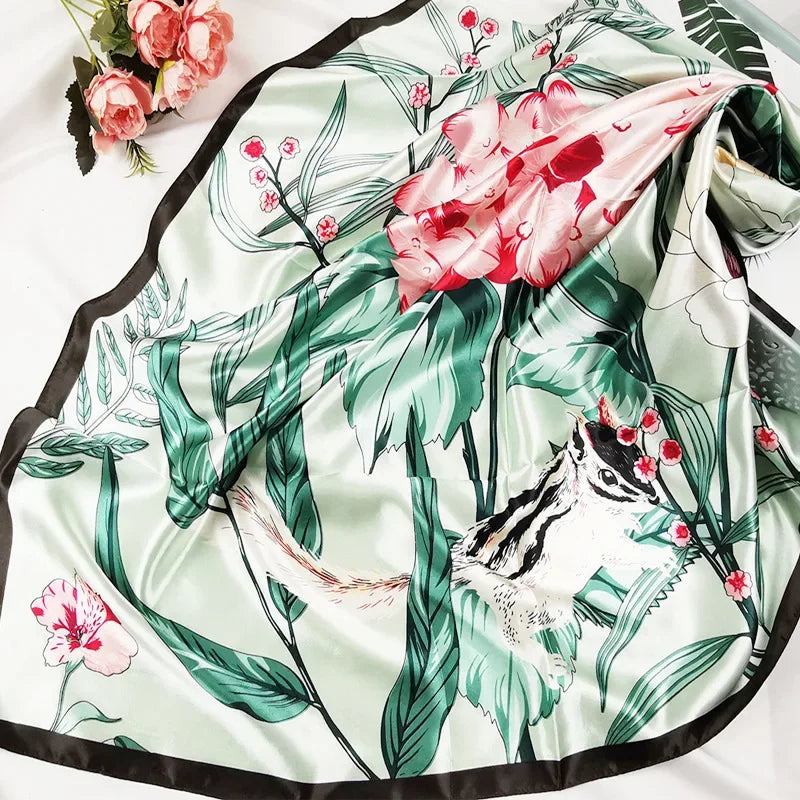 90cm Neckerchief Silk Satin Women Hijab Scaves Fashion Floral Print Headband Neck Scarfs Female Square Shawls Scarfs for Ladies