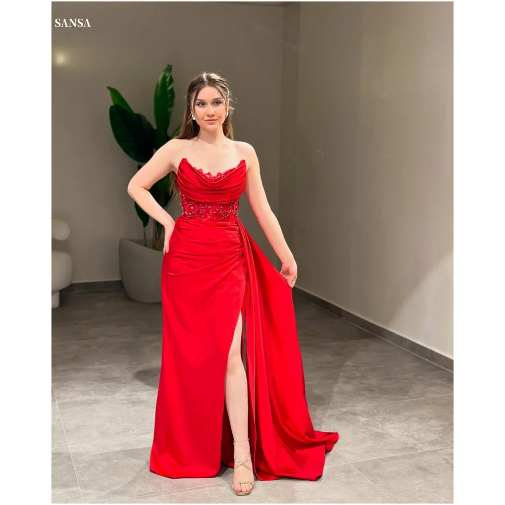 Sansa Customized Red Geometry Cut-Out Evening Dresses Side High Split Satin Wedding Dress Floor-Length Zip Prom Dresses 2025 - My Store