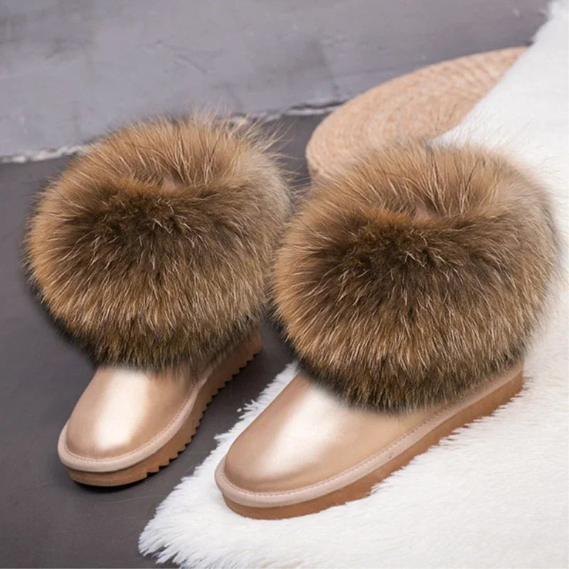 G&Zaco Luxury Winter Snow Boots Women Natural Real Fox Fur Boots Waterproof Genuine Suede Leather Boots Black Flat Short Boot
