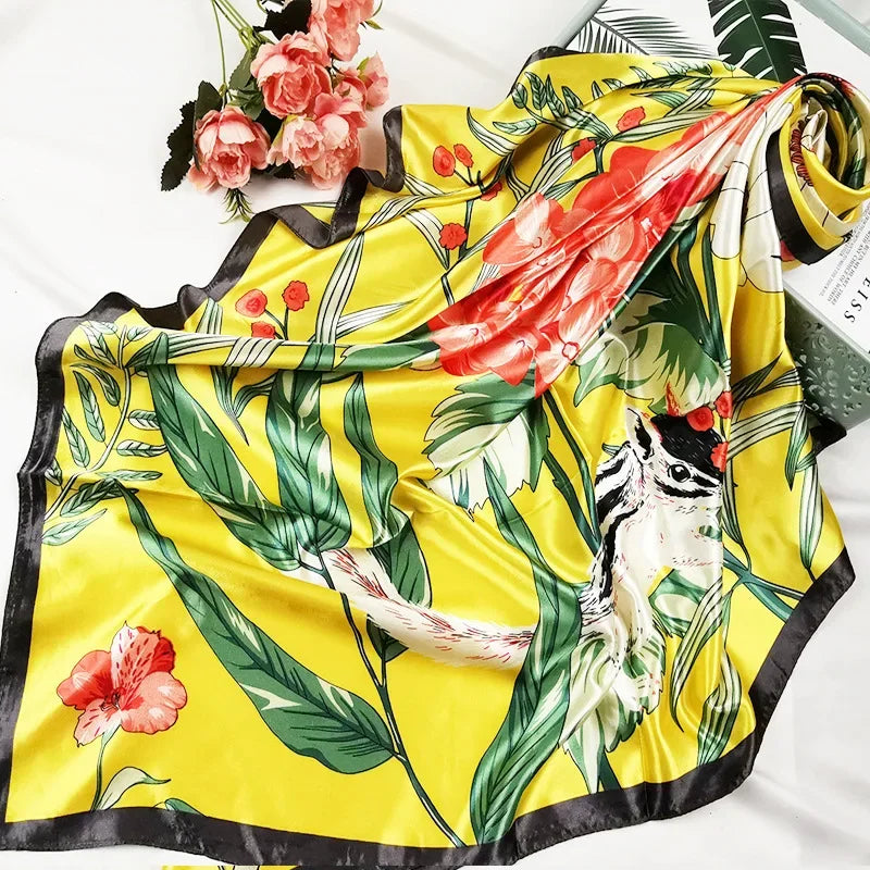 90cm Neckerchief Silk Satin Women Hijab Scaves Fashion Floral Print Headband Neck Scarfs Female Square Shawls Scarfs for Ladies