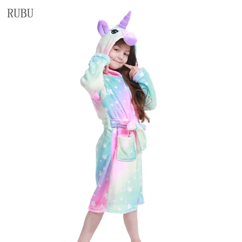 New Children Bath Robe Baby Towel Children's Unicorn Hooded Bathrobes for Boys Girls Pajamas Kids Sleepwear Bath Robes Fox Wolf