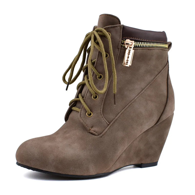 Winter Women Snow Boots Round Toe Lace Up Casual Wedge Ankle Boots for Women Shoes High Heels Women Motorcycle Boot Large Size