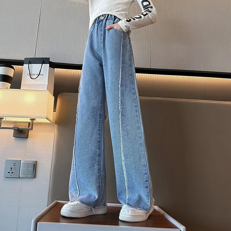 Jeans for Girls Kids Fashion Blue Wide Leg Pants 2025 Spring Autumn Children Korean Trousers Children's Clothing 6 8 10 12 14Yrs