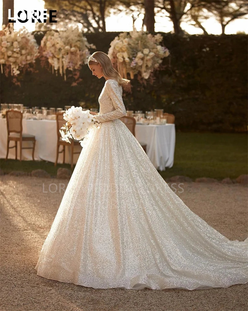 LORIE Shiny Glitter Wedding Dresses With Long Sleeve Bridal Dress a Line Sequins Bride Wedding Gowns 2024 - My Store