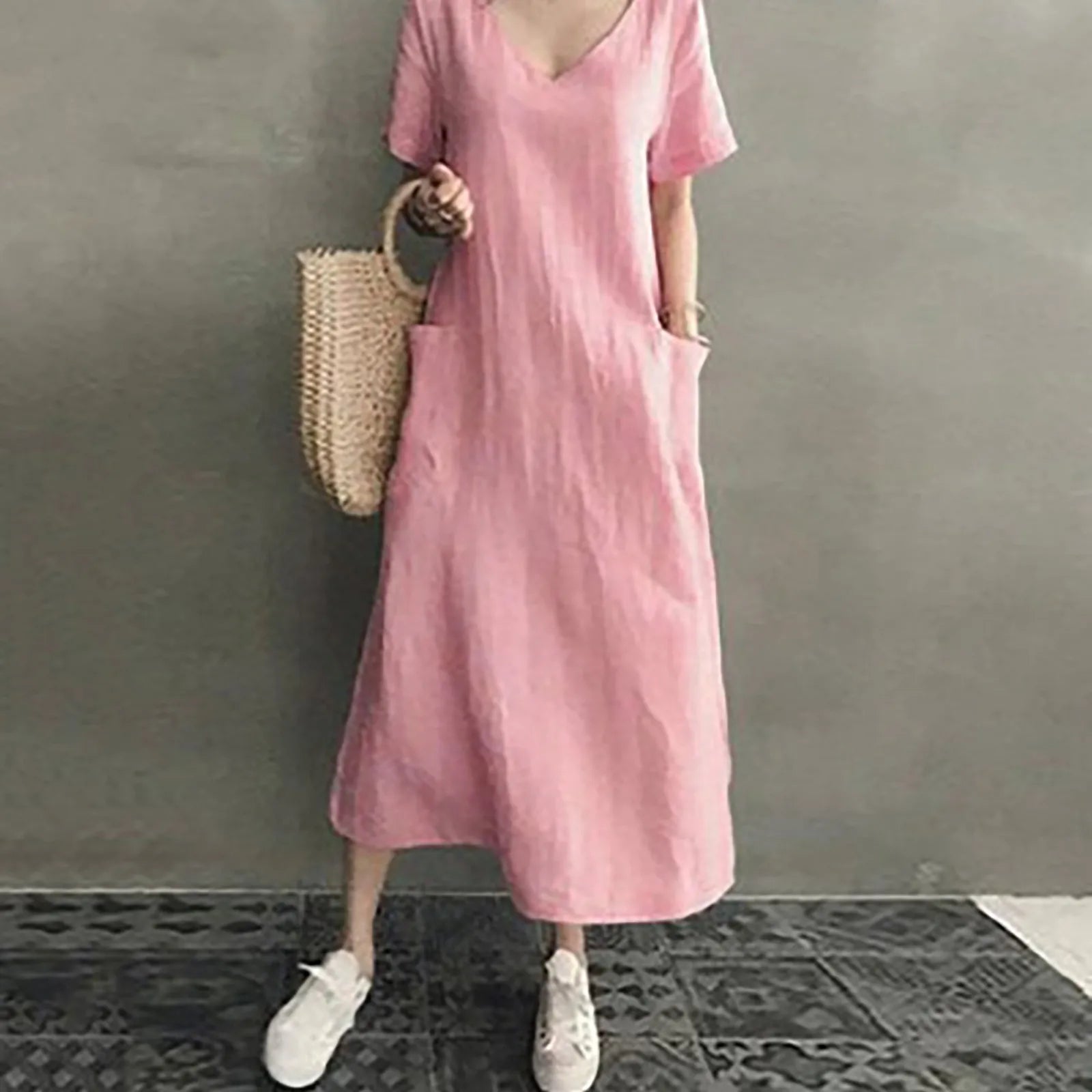 Summer Dresses Qutfits Causal Dress Short Sleeved Cotton Linen v Neck Dress With Pocket Loose Comfy Dresses Vestidos