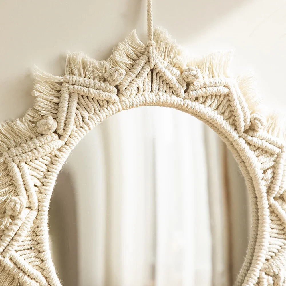 Boho Decorative Mirrors Macrame  Round Mirror Aesthetic Room Decor Hanging Wall Mirror for Bedroom Living Room House Decoration