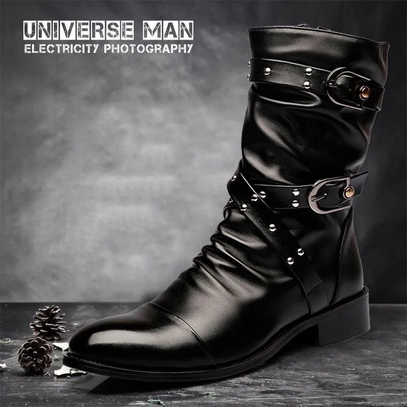 Winter Pointed Toe Men's Mid-Calf Boots Buckle Strap Chelsea Boot for Men Leather Mens Motorcycle Boots High Top Man Winter Shoe