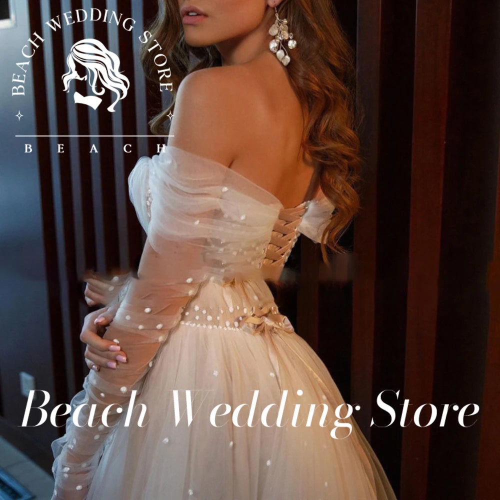 Beach Customized Champagne Wedding Dresses Sexy Side Split Dots Tulle Bride Dress Long Sleeve Off the Shoulder Wedding Gowns - My Store