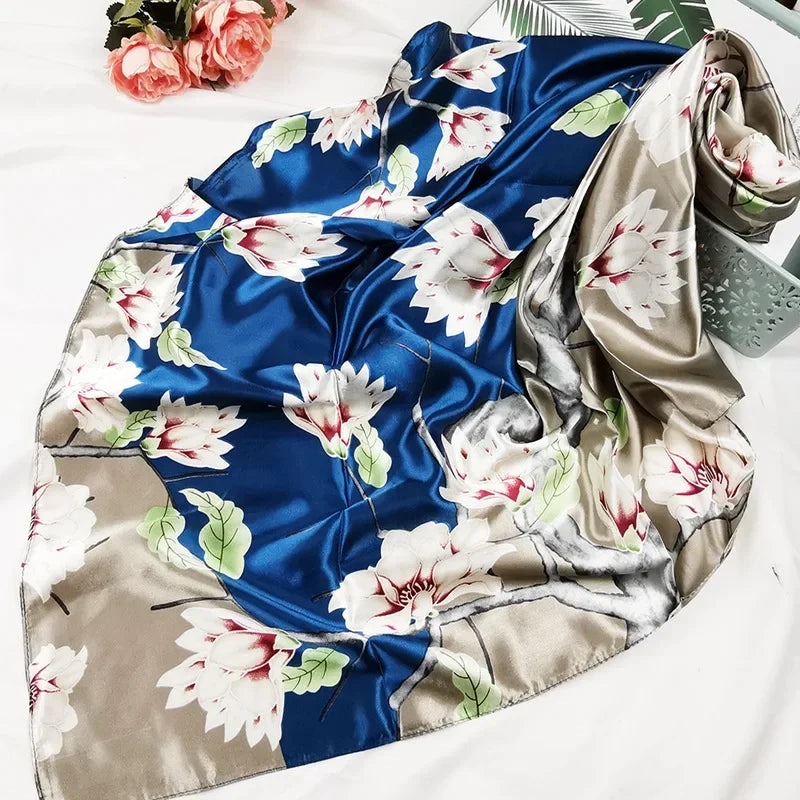 90cm Neckerchief Silk Satin Women Hijab Scaves Fashion Floral Print Headband Neck Scarfs Female Square Shawls Scarfs for Ladies