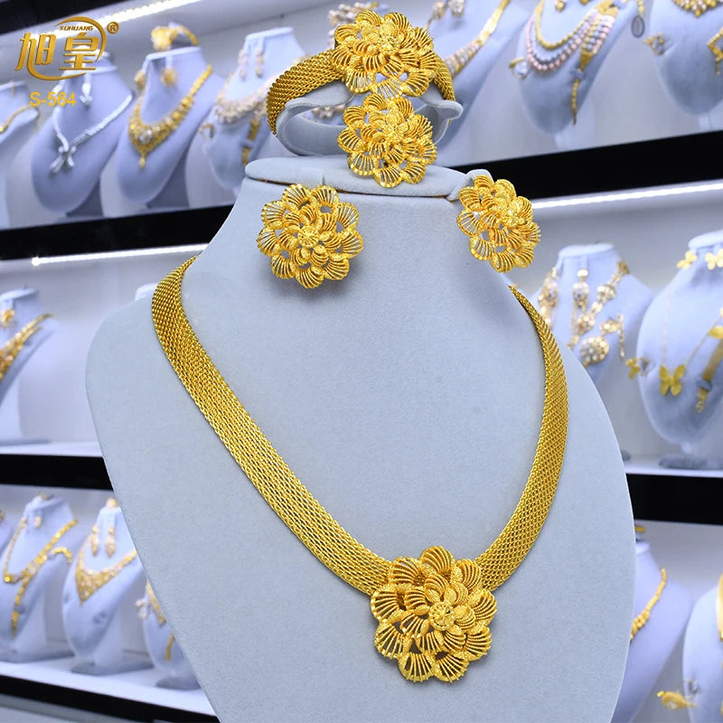 XUHUANG African Necklaces Bracelets Earing Sets Nigerian Wedding Jewelry Set Ethiopian Gold Colour Necklace Jewellery Set Gifts