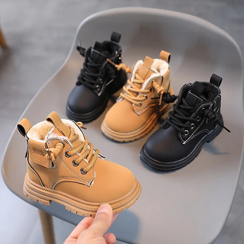 Children Winter New Thick Plush Warm Snow Boots Cotton Shoes Toddlers Baby Autumn Single Boots Fashion PU Leather Boot