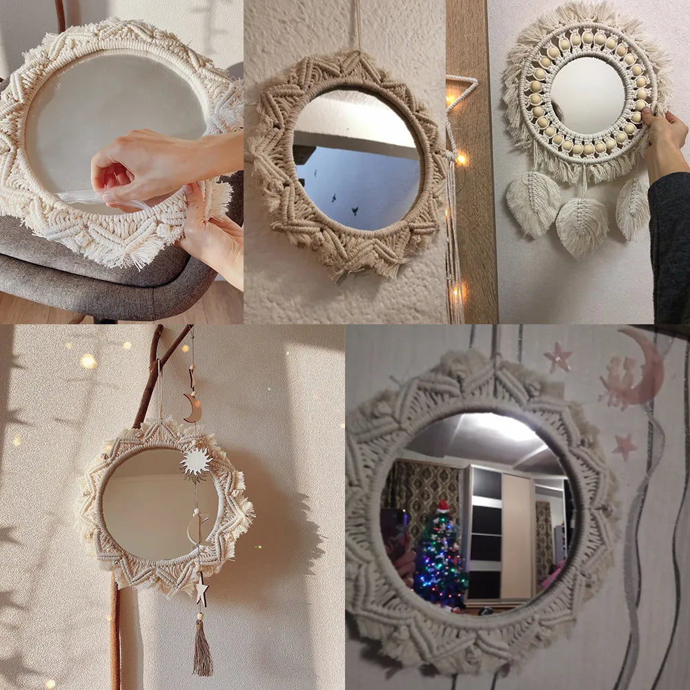 Boho Decorative Mirrors Macrame  Round Mirror Aesthetic Room Decor Hanging Wall Mirror for Bedroom Living Room House Decoration