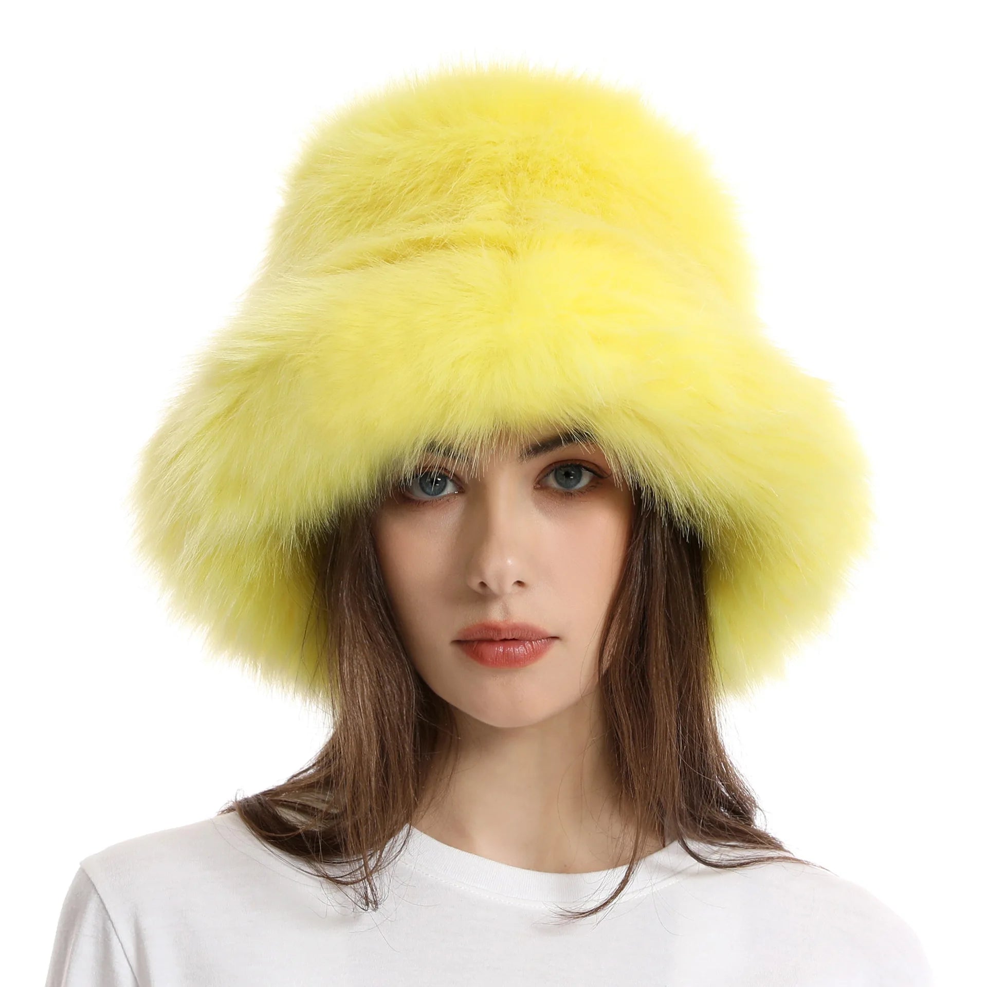 Warm Plush Bucket Hat Women Oversize Earflaps Fluffy Faux Fur Hats Fashion Furry Raccoon Fur Cotton Hat Winter Solid Color Hats