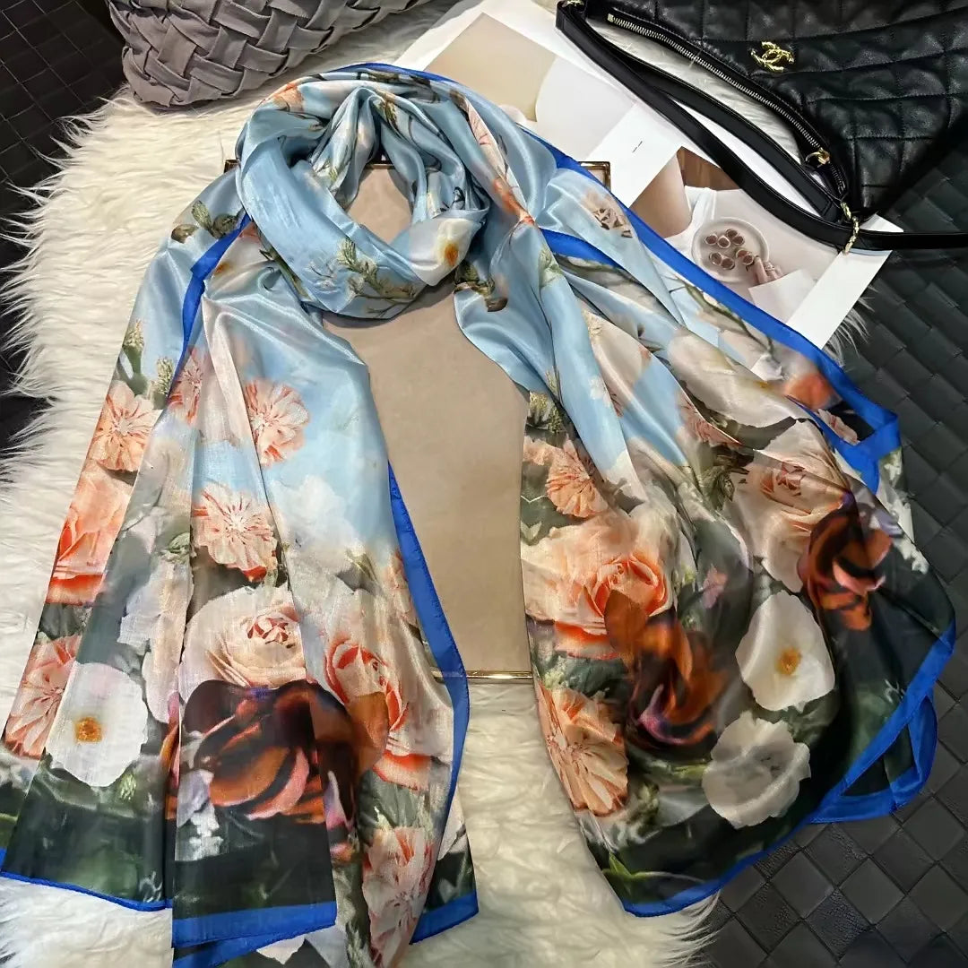 White100% Silk Scarf Women Scarves Bufandas Summer Beach Shawls Foulard Fall Winter Brand Flower Design Long Neck Scarves Hijabs