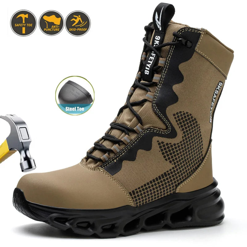 Construction Work Boots Men High Top Steel Toe Safety Shoes Non Slip Puncture Proof Rubber Work Boots Indestructible Combat Boot