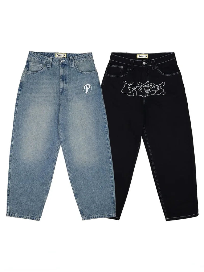 Y2k Men Retro Harajuku Clothing  New Baggy Casual Wide Leg Jeans Hip Hop Print Jeans Trend Fashion Black High Waist Jean