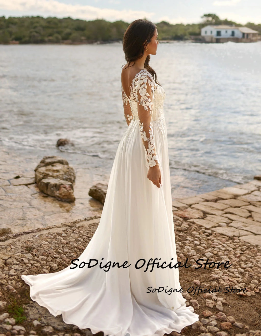 SoDigne A-Line Chiffon Wedding Dresses ﻿V-Neck Full Sleeves Appliques Bridal Dress Boho Wedding Gown Robe De Mairee ﻿Customized - My Store