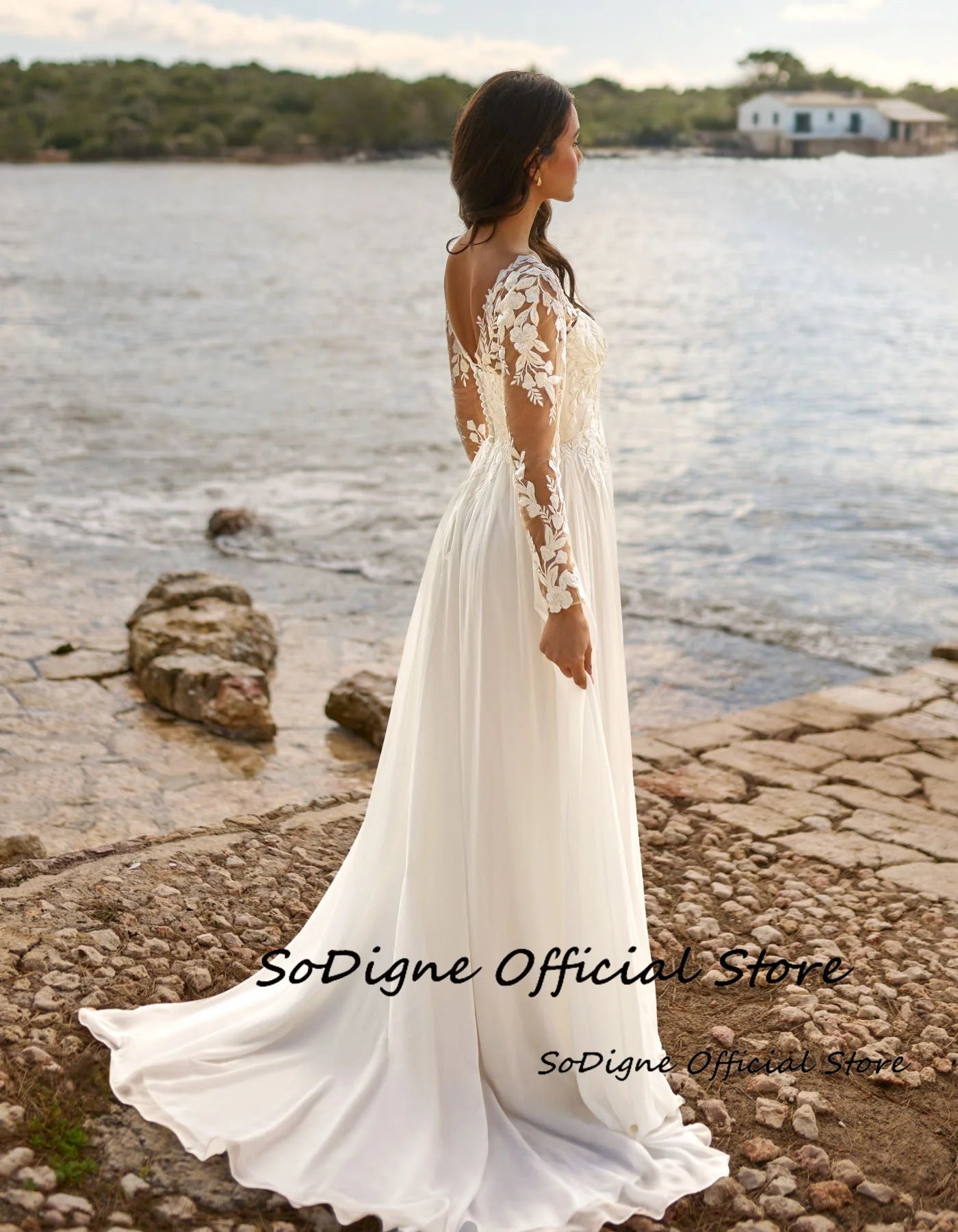 SoDigne A-Line Chiffon Wedding Dresses ﻿V-Neck Full Sleeves Appliques Bridal Dress Boho Wedding Gown Robe De Mairee ﻿Customized - My Store
