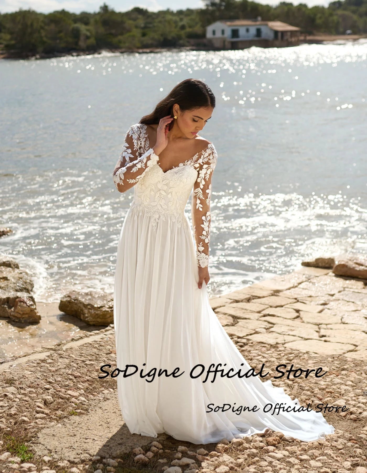 SoDigne A-Line Chiffon Wedding Dresses ﻿V-Neck Full Sleeves Appliques Bridal Dress Boho Wedding Gown Robe De Mairee ﻿Customized - My Store