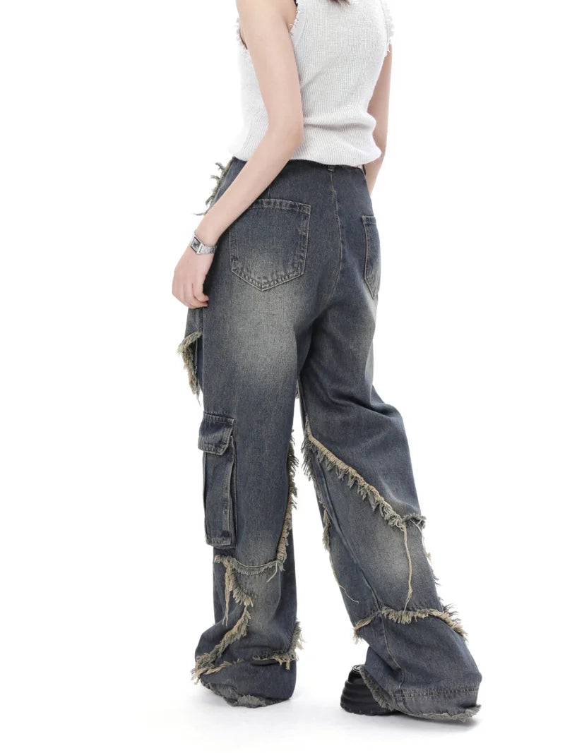 New Women Star Stitching Tassel Pants American Retro High Street Jeans Loose Wide Leg Pants Trendy Punk Y2k Pants