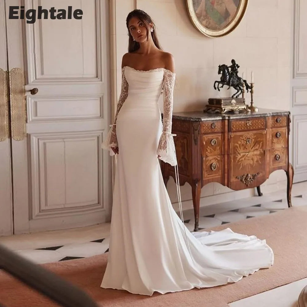 Eightale Boho Arabic Wedding Dress Scoop Lace Customized White Ivory Long Sleeves Mermaid Bridal Gown Robe De Mariée - My Store