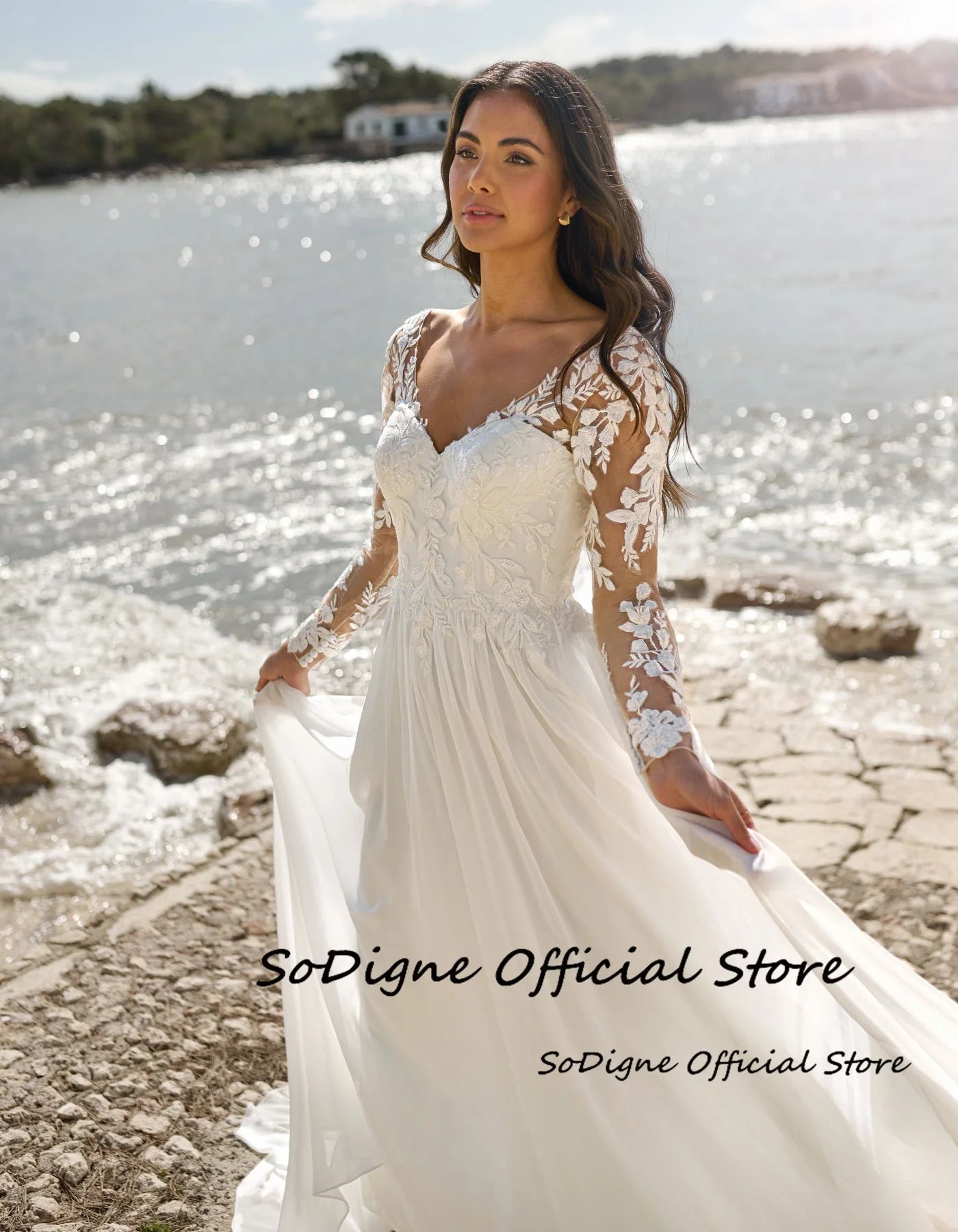 SoDigne A-Line Chiffon Wedding Dresses ﻿V-Neck Full Sleeves Appliques Bridal Dress Boho Wedding Gown Robe De Mairee ﻿Customized - My Store