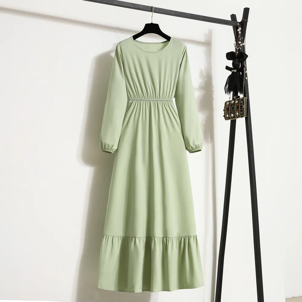 Women Long Dresses Spring Summer Full Sleeve O-Neck Casual Solid Chiffon Dress Muslim Dress Bohemian Maxi Dresses