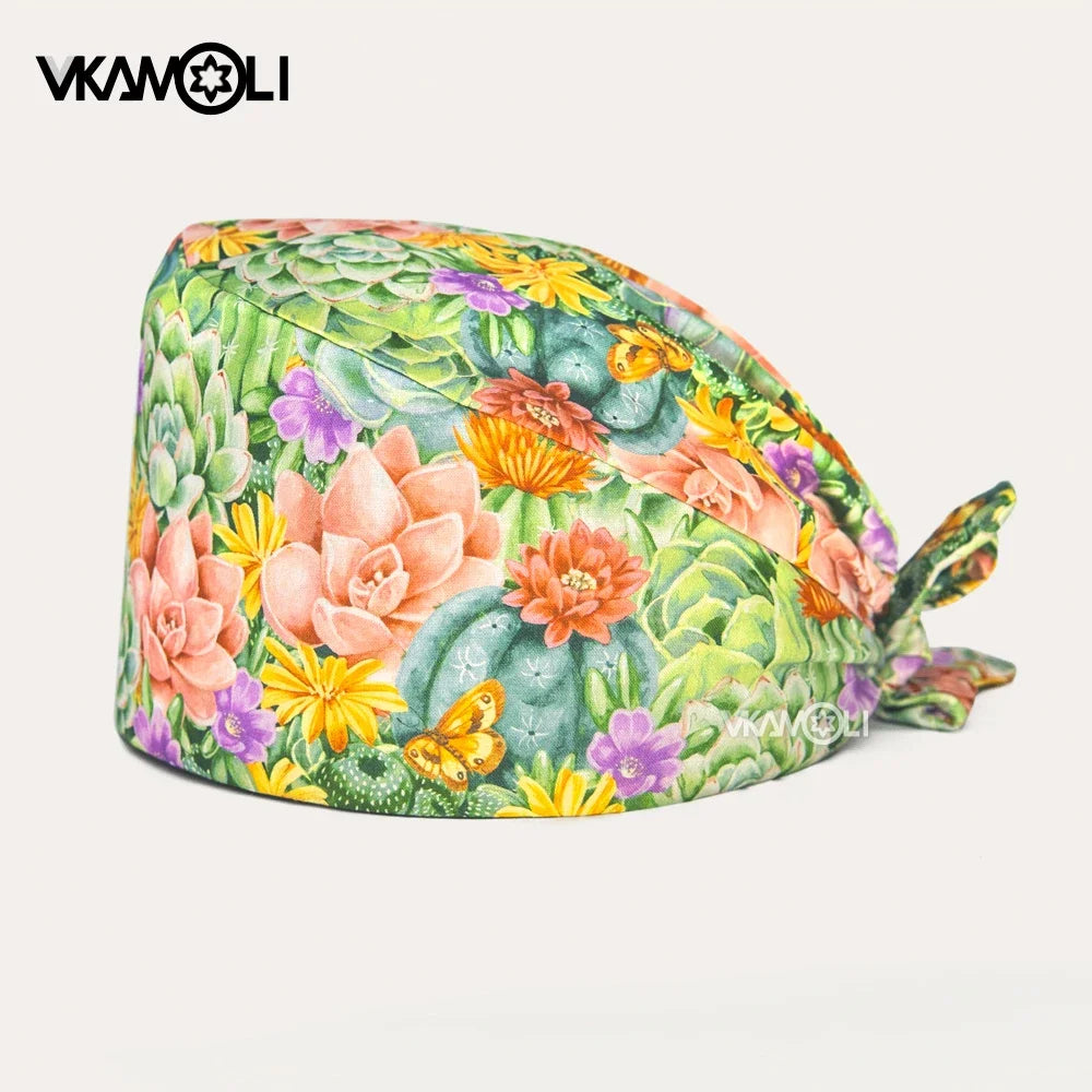 Flower Printing Scrub Caps Dental Print Scrubs Hat 100% Cotton Women Men Dust Proof Vet Dentist  Working Hats Tie Back Cap