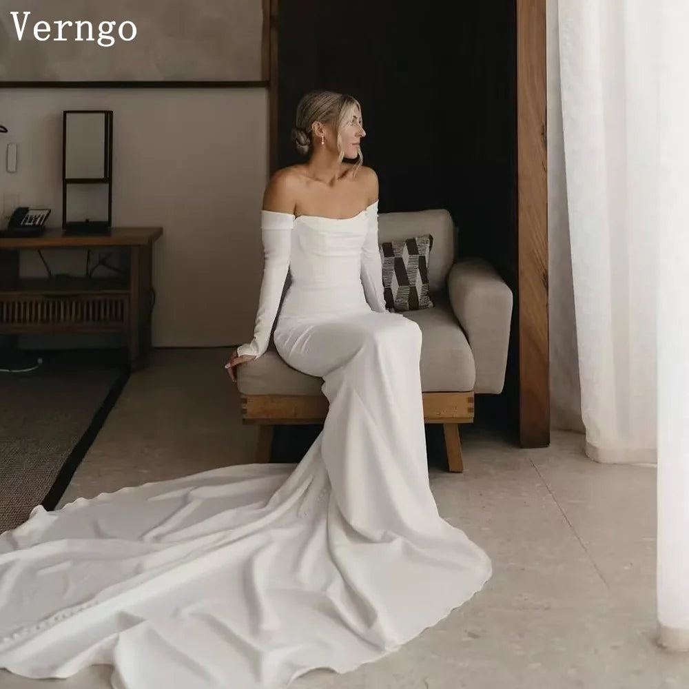 Verngo Simple Mermaid Wedding Dress Off the Shoulder Full Sleeves Bridal Gowns Women Modest Bride Dresses Customized - My Store
