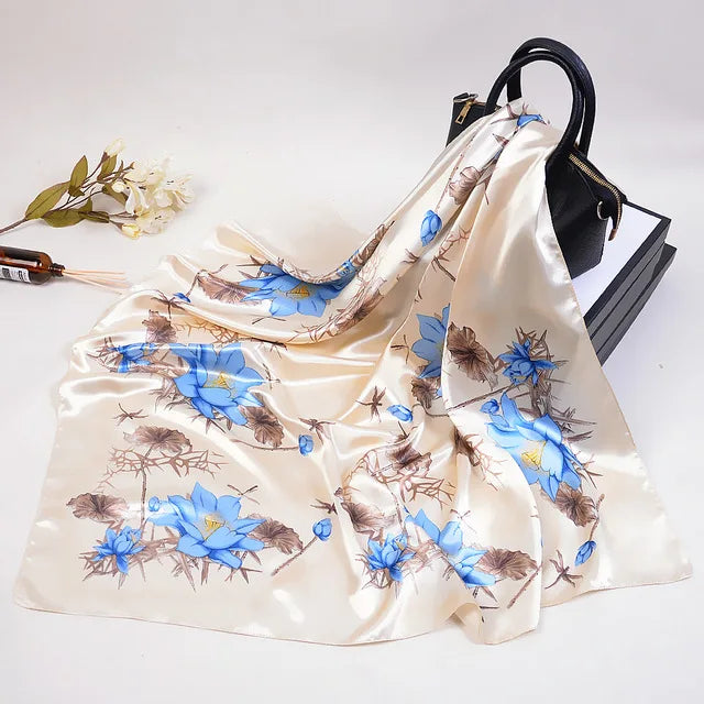 Fashion Kerchief Silk Satin Neck Scarf for Women Print Hijab Scarfs Female 90*90cm Square Shawls and Wraps Scarves for Lady
