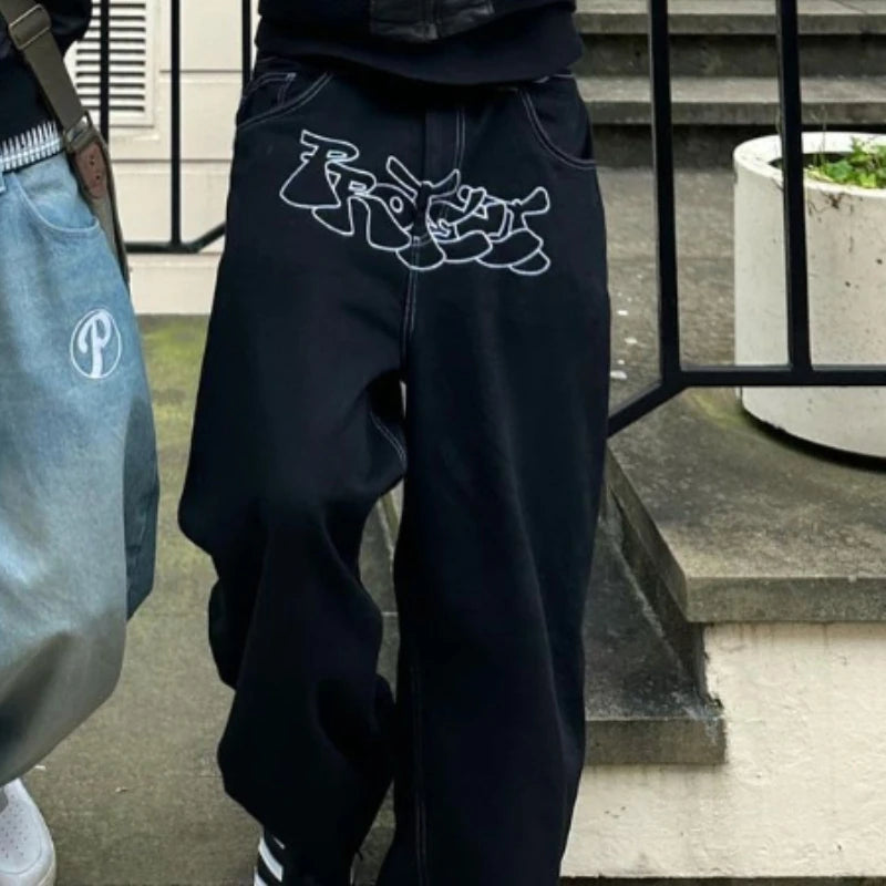 Y2k Men Retro Harajuku Clothing  New Baggy Casual Wide Leg Jeans Hip Hop Print Jeans Trend Fashion Black High Waist Jean