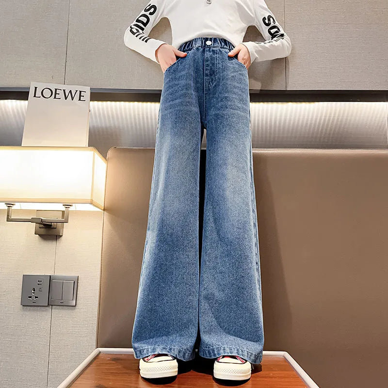 Jeans for Girls Kids Fashion Blue Wide Leg Pants 2025 Spring Autumn Children Korean Trousers Children's Clothing 6 8 10 12 14Yrs