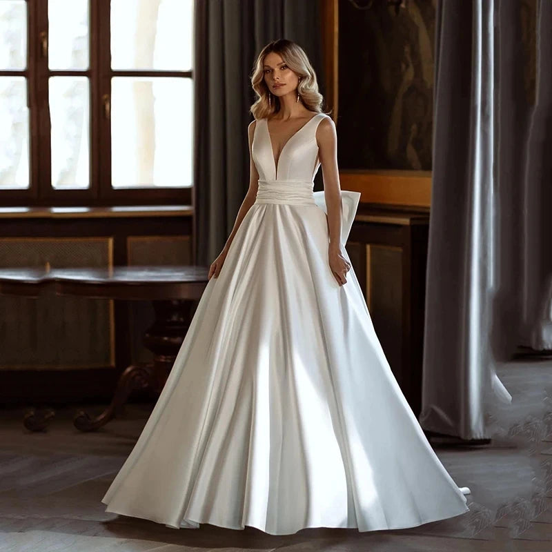 Modern Fashion Wedding Dresses Lustrous Satin Bridal Gowns Bow Decorate Simple Robe V-Neck Backless Vestidos De Novia Customized - My Store