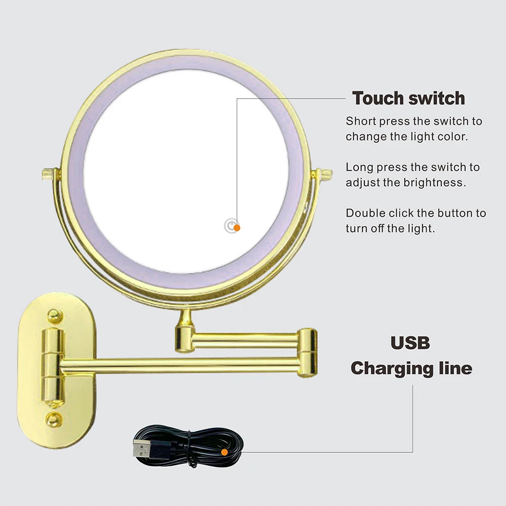 8 Inch Makeup Mirror Golden 3x/5x/7x/10x Magnifying Double Side USB Charging Bathroom 3 Color Light Smart Cosmetic Mirrors