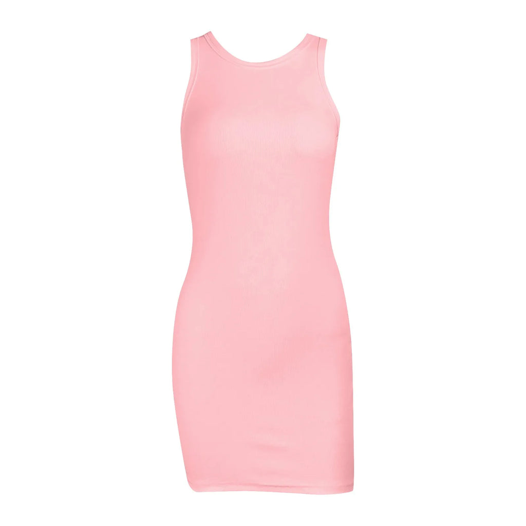 Women'S Sleeveless Summer Dresses Qutfits Slim Dress Sexy Solid Color O Neck Tank Dress Cotton Sport Wrap Buttocks Dresses