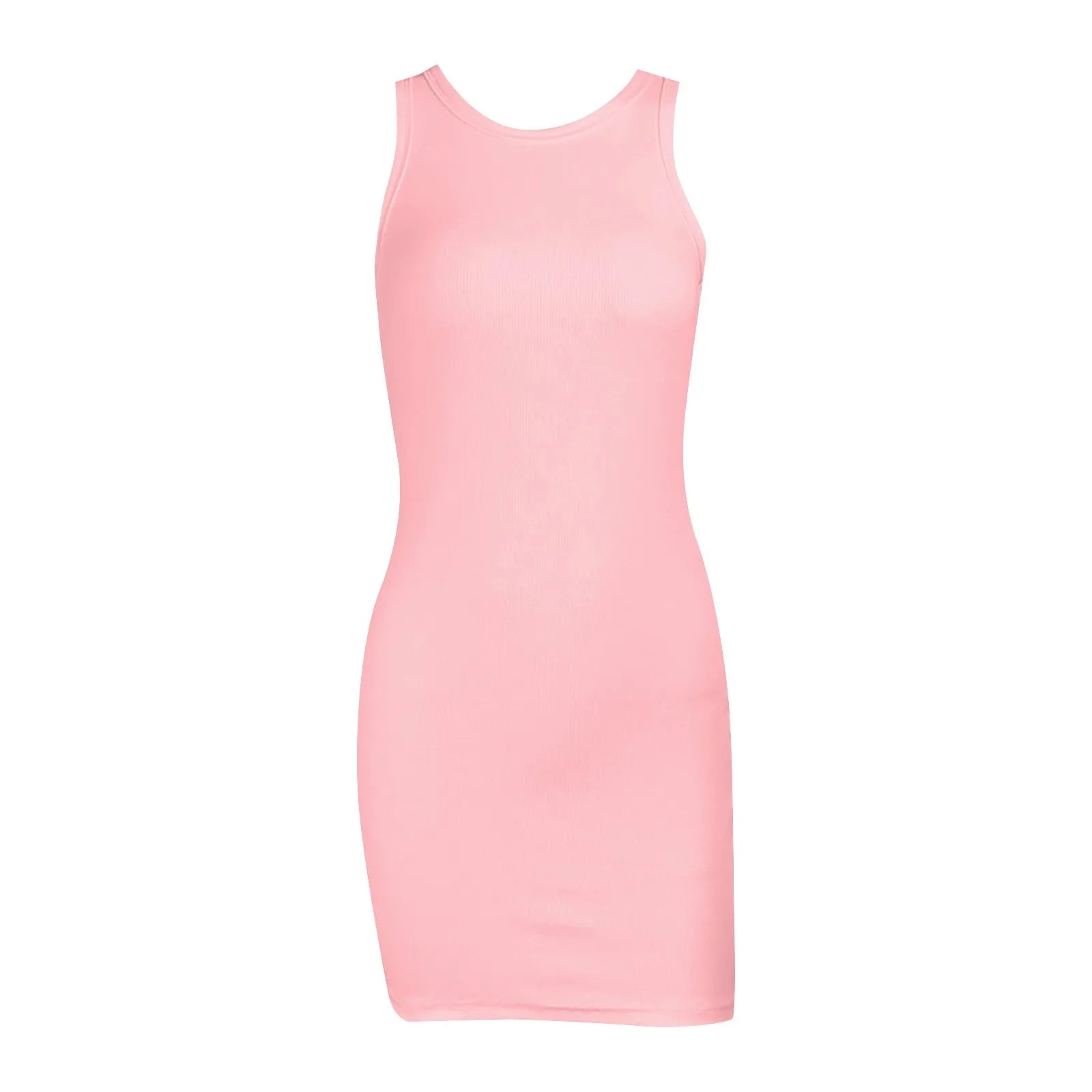 Women'S Sleeveless Summer Dresses Qutfits Slim Dress Sexy Solid Color O Neck Tank Dress Cotton Sport Wrap Buttocks Dresses